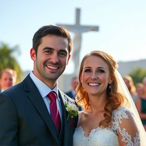 Casal sorrindo durante a cerimônia de casamento ao ar livre, com o Cristo Redentor ao fundo.