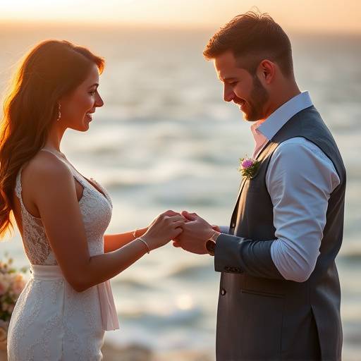 Casal trocando alianäas durante cerimônia de casamento ao ar livre com vista para o mar.