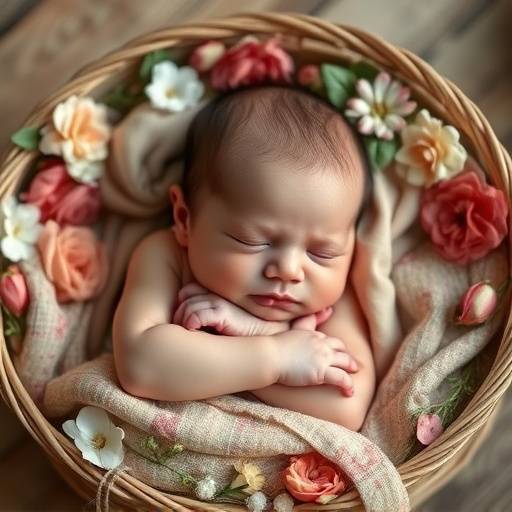 Fotografia de um bebê recém-nascido dormindo tranquilamente em uma cesta decorada com flores.