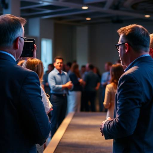 Fotógrafo capturando um evento corporativo, com pessoas interagindo e um orador no palco.