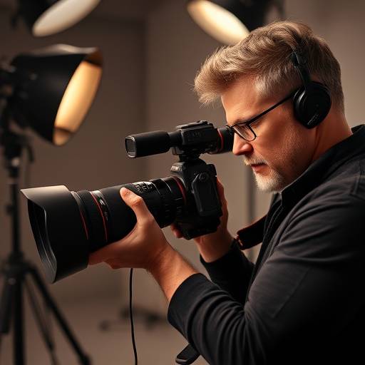 Fotógrafo experiente ajustando a lente de sua câmera em um estüdio.