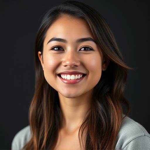 Mulher jovem e sorridente posando para retrato profissional em estüdio com iluminaäão controlada.