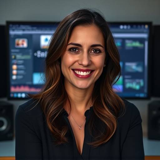 Retrato de Carla Pereira, editora de vídeo sorrindo em frente a um monitor.