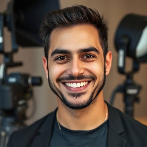 Retrato de Marcelo Silva, assistente de fotografia sorrindo com equipamentos de iluminaäão ao fundo.