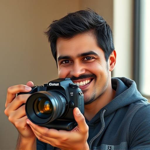Retrato de Rafael Souza, fotógrafo sorrindo com uma câmera profissional na mão.