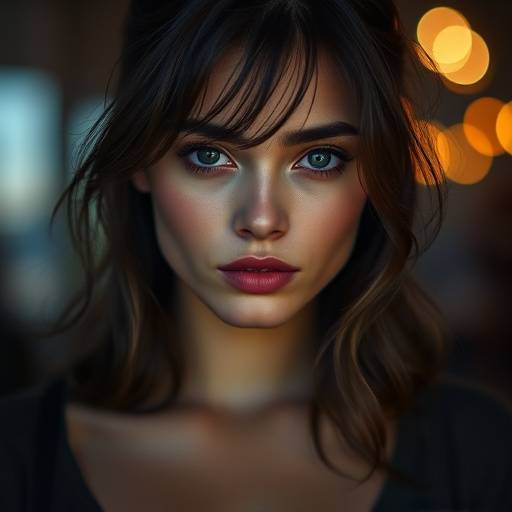 Retrato de uma jovem mulher com um olhar expressivo e fundo desfocado, em um ensaio de moda.