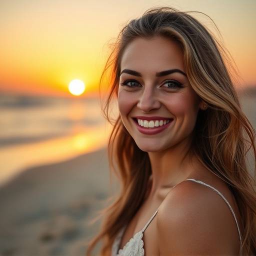 Retrato de uma mulher sorrindo em um ensaio fotográfico na praia, com luz dourada do pôr do sol.